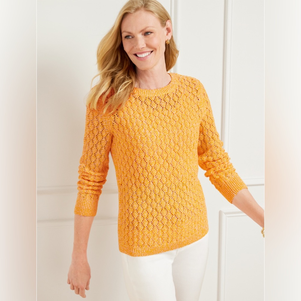 NWT Talbots Pointelle Marl Crewneck Sweater Cotton Blend  Yellow Ivory Large